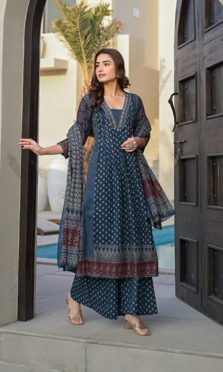 Navy Blue Embroidered Two-Piece Set