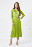 Premium Pleated Rose-Accent Midi Dress (Lime Green / Olive Curation)