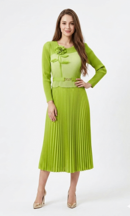 Premium Pleated Rose-Accent Midi Dress (Lime Green / Olive Curation)