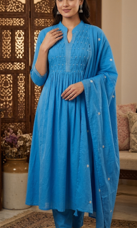 cornflower blue cotton anarkali suit set