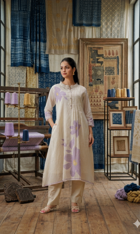 ivory and lilac floral-placement tunic set