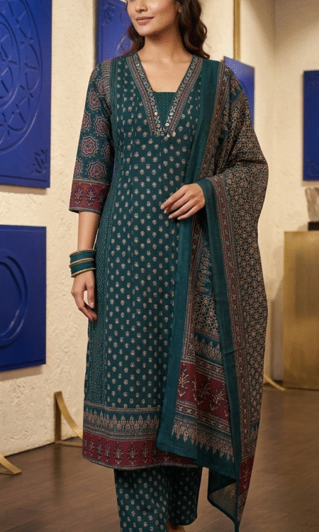 teal and plum-wine printed cotton Anarkali suit set