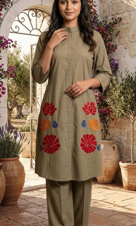 khaki-olive embroidered button-down tunic set