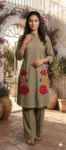 khaki-olive embroidered button-down tunic set