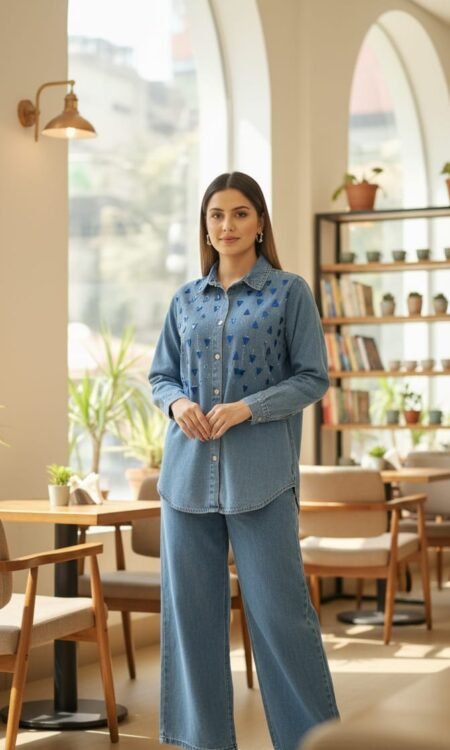 Embellished Mid-Wash Denim Shirt