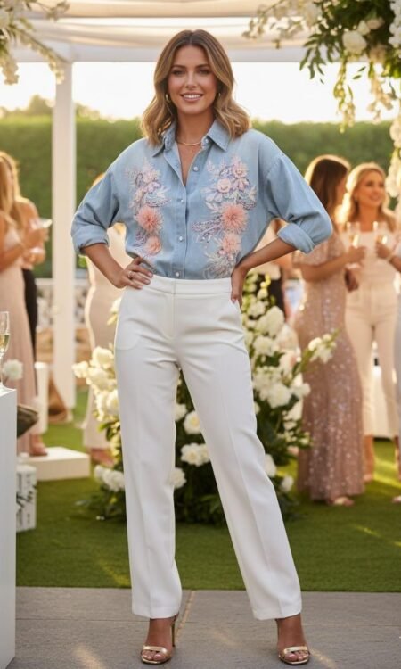 Whimsical Floral-Appliqué Light Wash Denim Shirt