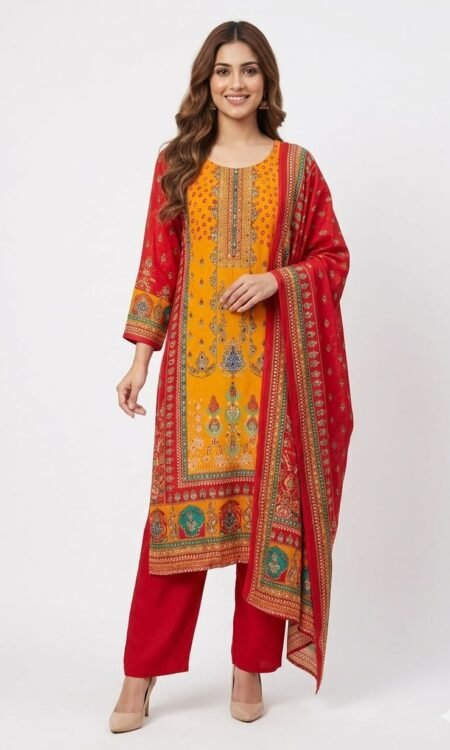 Mustard & Red Printed Suit Set