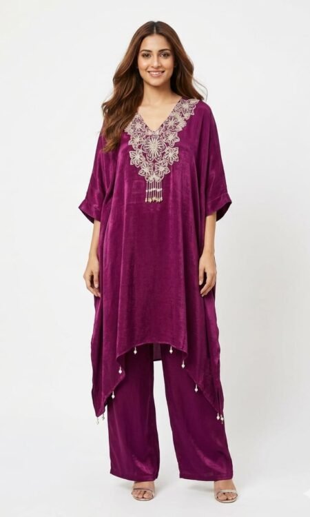 wine-colored two-piece kaftan set
