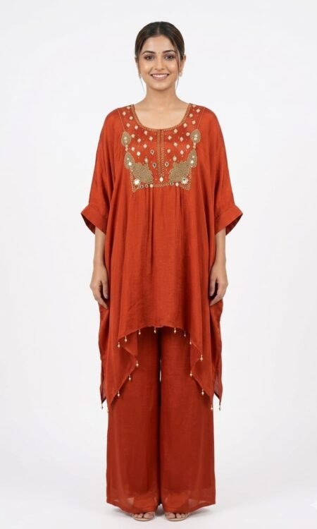 rust-orange two-piece kaftan set