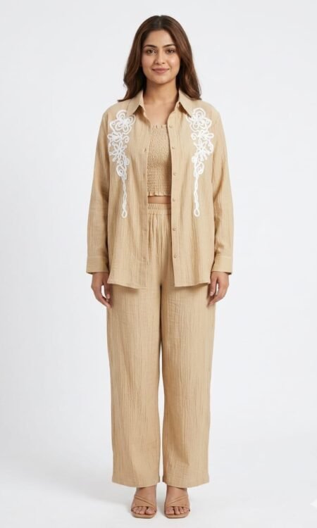 beige three-piece coat set