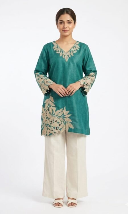 Teal Leaf Cut-Work Tunic Set