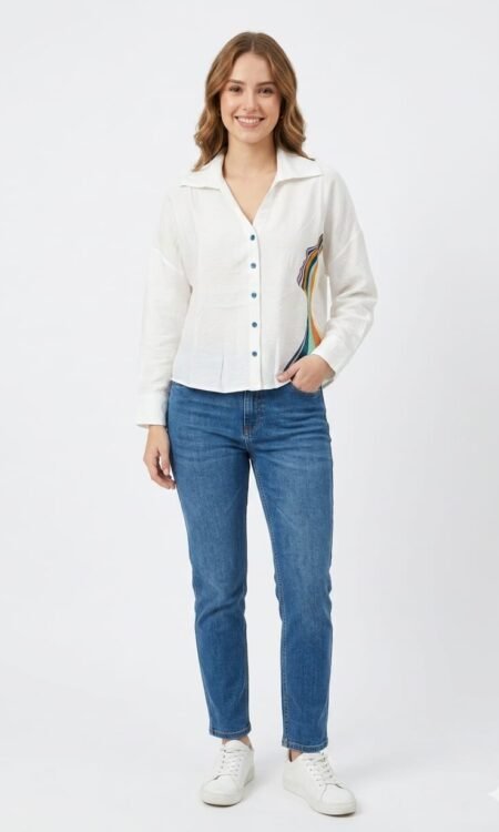 white linen-blend crop shirt