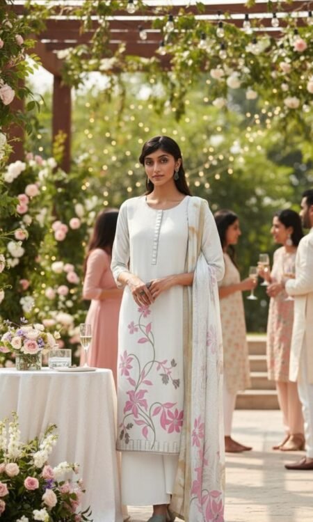 Elegant  White Floral Dupatta Set Unstiched Fabric