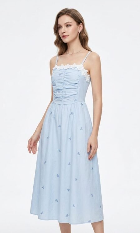 Whimsical Bow-Embroidered Blue Midi