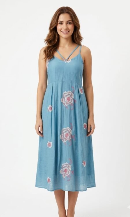 slate blue embroidered midi dress