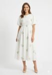 White Boat-Neck Balloon Sleeve Dress