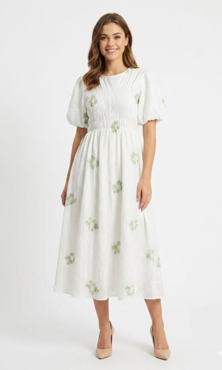 White Boat-Neck Balloon Sleeve Dress