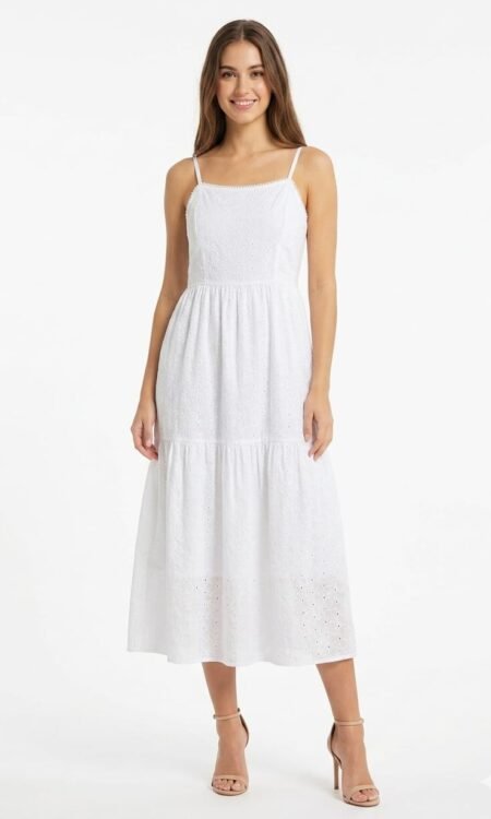 white chikankari-style eyelet embroidered dress