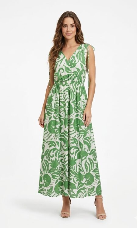 green and white print maxi dress
