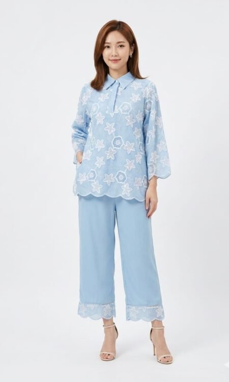 powder blue cutwork and Schiffli co-ord set