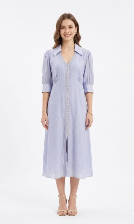 lavender button-down slub-cotton midi dress