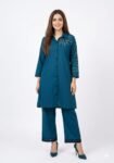 teal blue leaf-embroidered cotton cord set