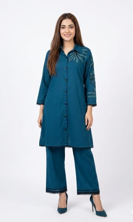 teal blue leaf-embroidered cotton cord set