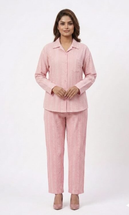 dusty rose pink vertical-stripe cotton co-ord set