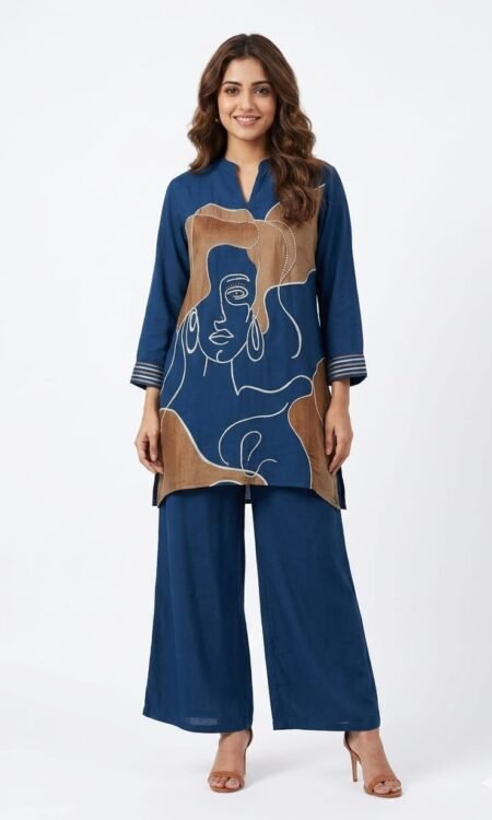 Premium Artistic Line-Art Indigo Co-Ord Tunics Set