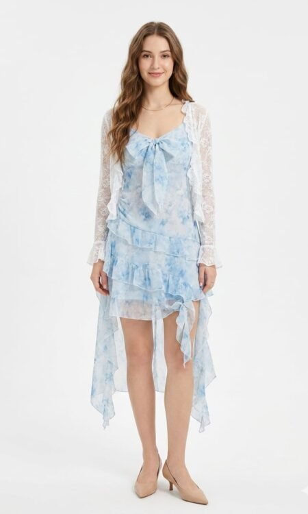 Premium Renaissance Floral Brocade Square-Neck Dress (Regal Blue & Gold)
