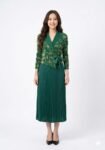 Premium Metallic-Stitch Pleated Wrap Dress Set (Forest Green & Gold)
