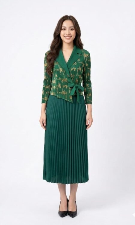 Premium Metallic-Stitch Pleated Wrap Dress Set (Forest Green & Gold)