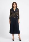Premium Metallic-Script Pleated Wrap Dress Set (Midnight Onyx & Gold)
