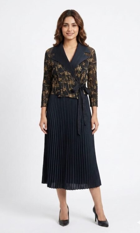 Premium Metallic-Script Pleated Wrap Dress Set (Midnight Onyx & Gold)