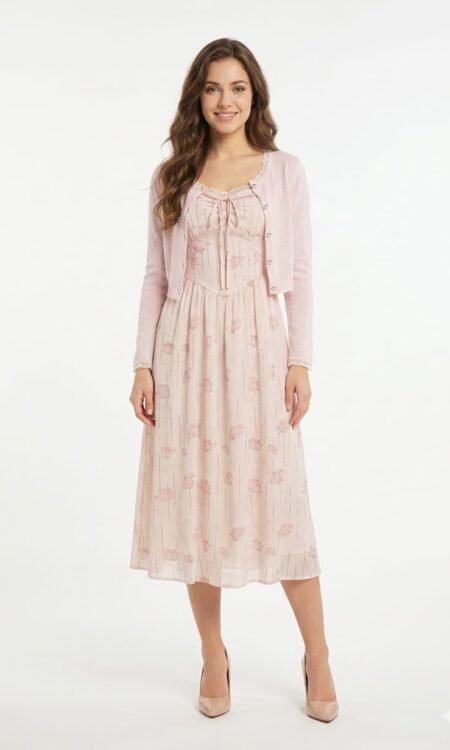 Premium Cottagecore Floral Georgette Midi Dress Set (Blush Pink)