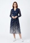 Premium Celestial Petal-Shower Mesh Midi Dress (Midnight Navy)