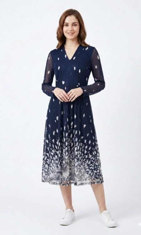 Premium Celestial Petal-Shower Mesh Midi Dress (Midnight Navy)