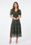 teal and mustard yellow floral midi dress