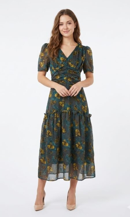 teal and mustard yellow floral midi dress
