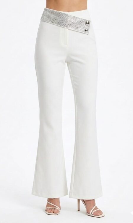 Premium Rhinestone Asymmetric Waist Bell-Bottom Party Pants