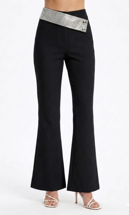 Premium Rhinestone Asymmetric Waist Bell-Bottom Party Pants (Midnight Black)