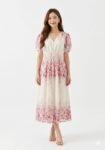 Premium Watercolor Floral Border-Print Midi Dress (Cream & Berry Pink)