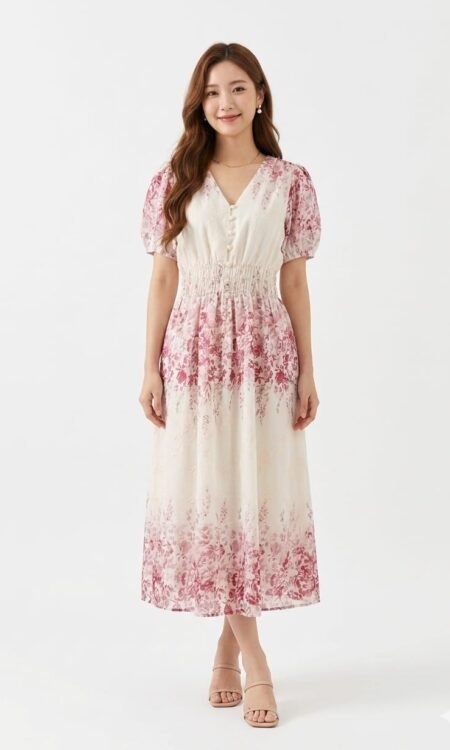 Premium Watercolor Floral Border-Print Midi Dress (Cream & Berry Pink)