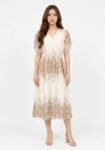 Premium Botanical Border-Print Midi Dress (Cream & Earthy Sage-Beige)