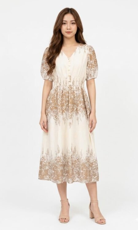 Premium Botanical Border-Print Midi Dress (Cream & Earthy Sage-Beige)