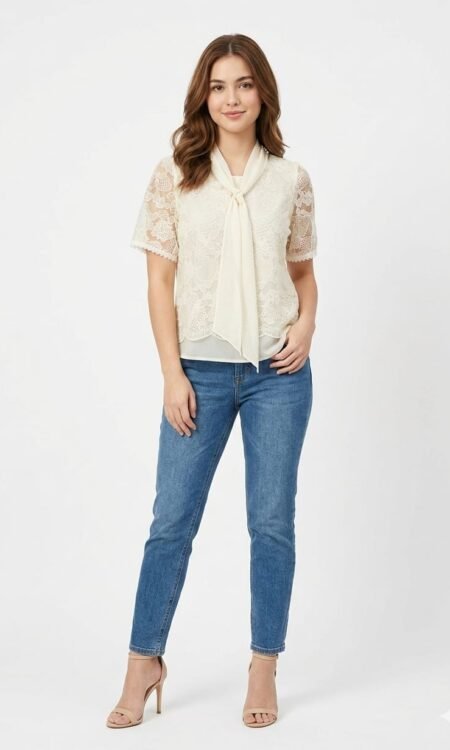 Premium Knit-Lace Tie-Neck Layered Blouse (Cream / Ivory)