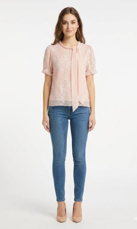 Premium Embroidered Sheer Chiffon Tie-Neck Blouse (Blush Pink)