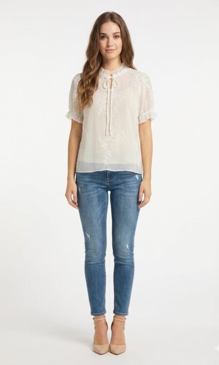 Premium Embroidered Sheer Chiffon Blouse (Alabaster White)