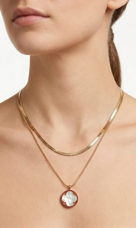Premium Anti-Tarnish Dual-Layer Herringbone & Mother-of-Pearl Clover Necklace Set