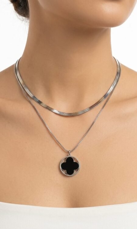 Premium Anti-Tarnish Dual-Layer Herringbone & Mother-of-Pearl Clover Necklace Set
